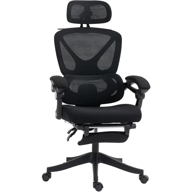 MUVANO Ergonomische bureaustoel met verstelbare hoofdsteun - Mesh rugleuning - Voetensteun - 71 x 70 x 119-129 cm - Kantelbaar tot 135 graden - Thuiskantoor zwart