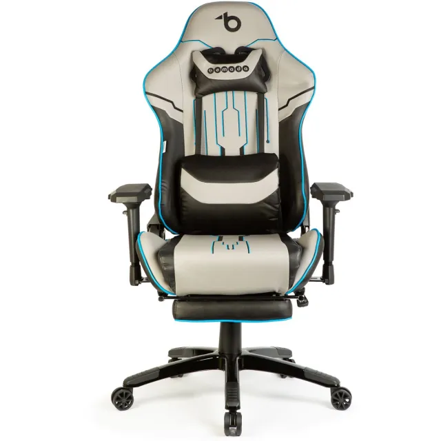 Bemada Gaming Stoel Met Kussens En Voetensteun – Ergonomische Bureaustoel Met 4D Armleuningen En Verstelbare Rugleuning 90–180° – In Hoogte Verstelbaar – Max. 150 Kg – Grijs/Zwart/Blauw [BMD1118A] Meerkleurig