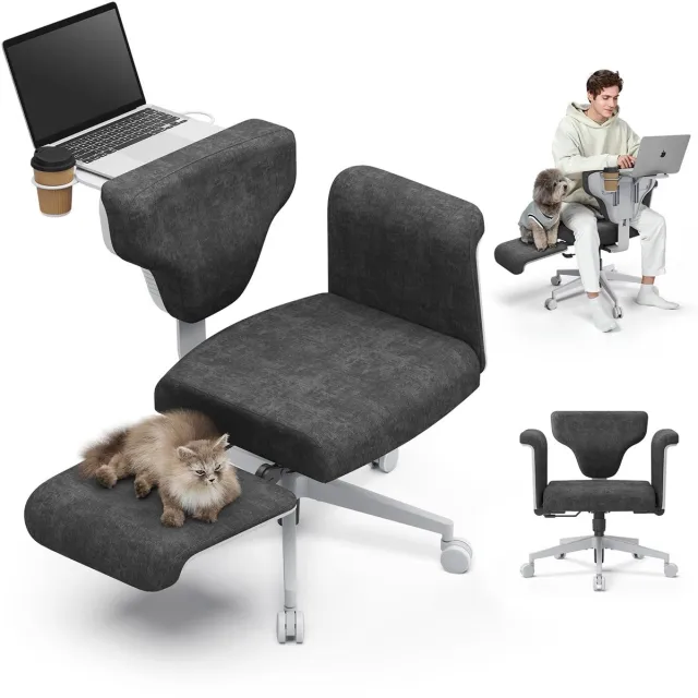 Newtral Ergonomische Bureaustoel met Inklapbaar Bureau & Bekerhouder - 7-voudig Verstelbare Stoel - Verstelbare Armleuning & Rugleuning - voor Werk, Laptop, Huisdieren en Ontspanning zwart