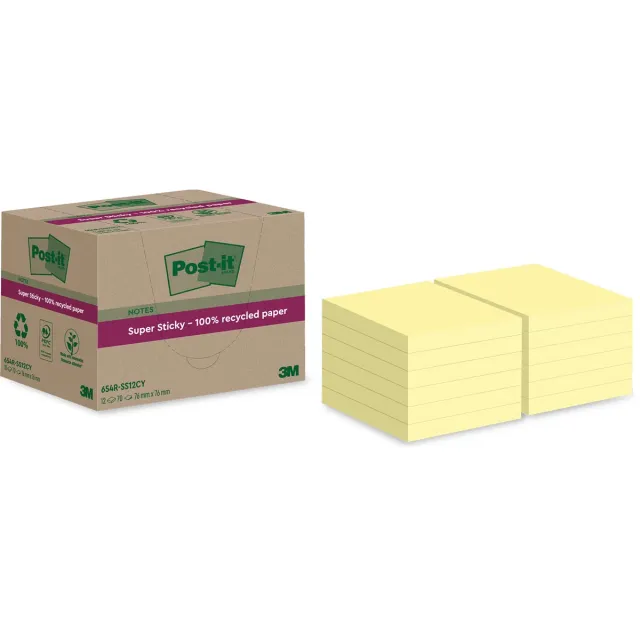 Post-it Super Sticky Notes Recycled, 70 vel, ft 76 x 76 mm, geel, pak van 12 blokken