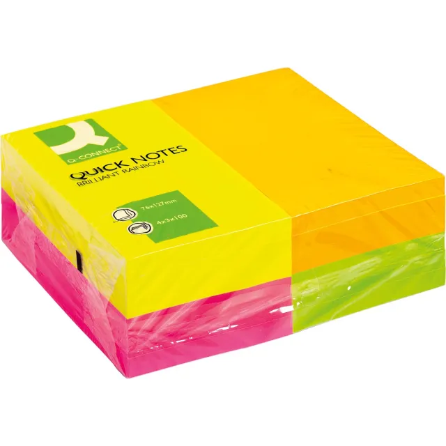 Q-CONNECT Quick Notes, ft 76 x 127 mm, 100 vel, pak van 12 blokken in 4 neonkleuren geel