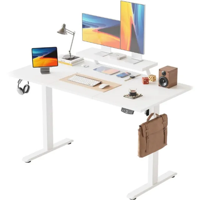Agilestic Elektrisch in hoogte verstelbaar bureau, 140 x 60 cm, met verplaatsbare monitorstandaard, staand bureau met 2 geheugenknoppen, 3-delig tafelblad, bureau voor thuiswerk, wit