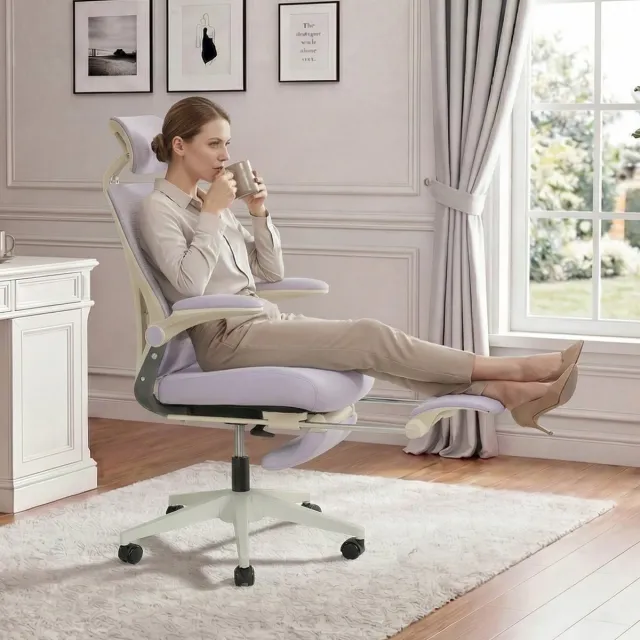 MIVRAY Bureaustoel 67 cm - Ergonomisch Klapbaar Met 3D Hoofdsteun, Lendensteun En Voetsteun - Voor Werk En Studie - Mesh - Paars