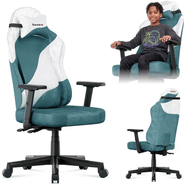 Huzaro Ranger 5.7 - Bureaustoel - Gaming stoel - Zachte veloursafwerking - verstelbare armleuningen - FlexiRest - stille en veilige wieltjes - Turkoois Wit/Turkoois