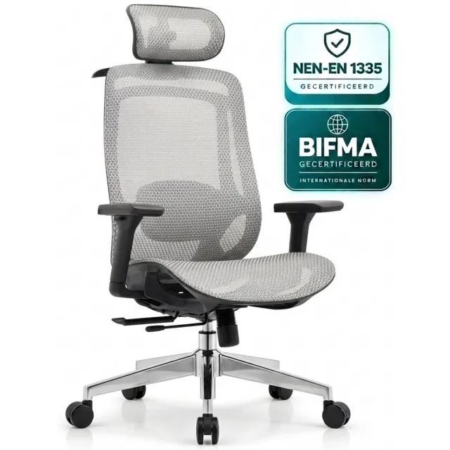 OfficeSense OS150 Ergonomische Bureaustoel – Mesh Office Chair – 4D Armleuningen – Verstelbare Zitdiepte – NEN1335 – Hoofdsteun – Grijs