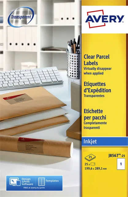 Avery Etiket Avery J8567-25 210x297mm A4 transparant 25 stuks