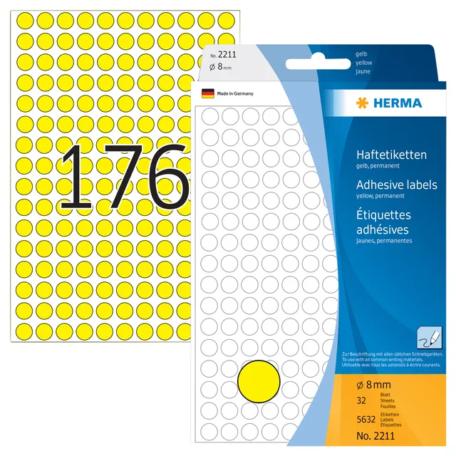 Herma Etiket HERMA 2211 rond 8mm geel 5632 stuks