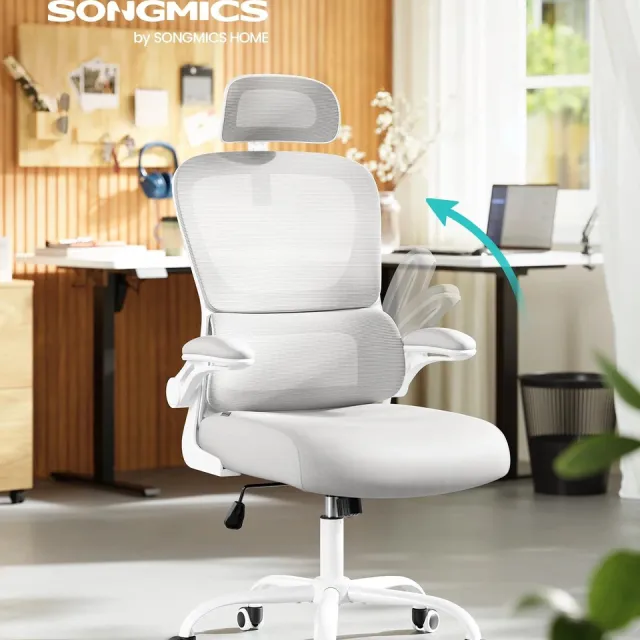 Songmics Bureaustoel - Ergonomische mesh stoel - Verstelbare lendensteun - Ademend materiaal Lichtbeige