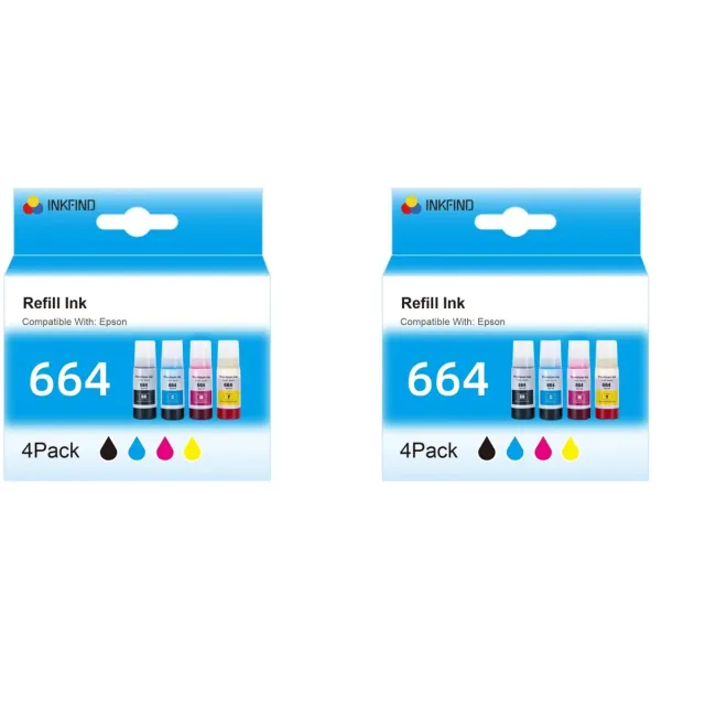 INKFIND 664 inkt geschikt voor Epson664 Epson 664 Epson T664 Epson6641 Epson6642 6641 T6642 T6643 6644 (8 stuks multipack) voor Epson L100/L200/L110/L130/L210/L220/L300/L350/L355/L555 EcoTank ET-14000 ET-2500 ET-2550 ET-2600 ET-2650 ET-4500 L355 L555 70ml Zwart x 2, 70ml Cyaan x 2, 70ml Magenta x 2, 70ml Geel x 2