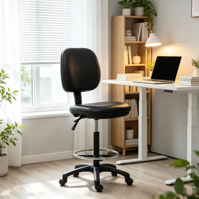 STILVORA Bureaukruk 49,5 x 46 x 115,5-137 cm - Verstelbaar en Draaibaar - Met Rugleuning, Voetsteun en Wielen - Voor Werkplek - PVC - Zwart