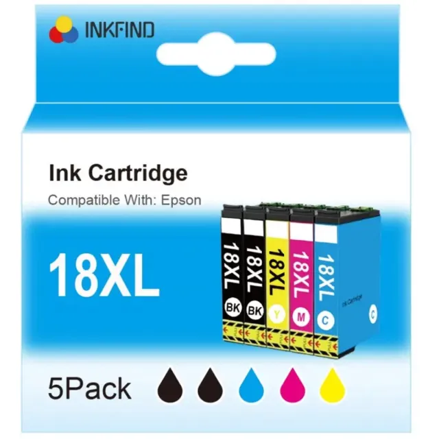 INKFIND 18XL inktcartridge voor Epson18 Epson1811 1812 1813 1814 Epson18XL multipack 5 stuks voor Epson Expression Home XP202, XP205, XP30, XP302, XP305, XP402, XP405, XP412, XP415, XP315, XP312, XP215, XP212, XP225, XP322, XP422, XP425, XP325, XP222 Zwart*2, Cyaan, Magenta, Geel*1