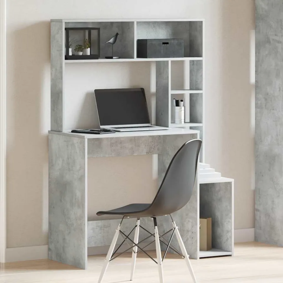 vidaXL Bureau met schappen 100x45x140 cm bewerkt hout betongrijs grijs, foto 2
