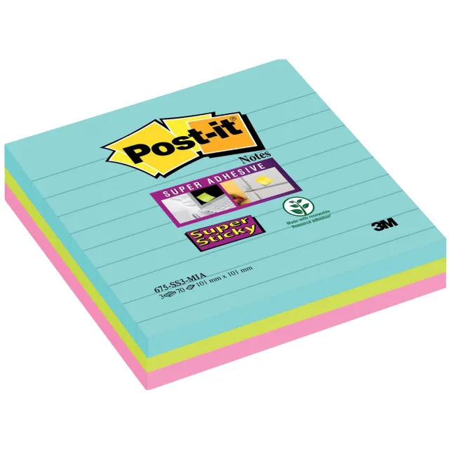 Post-It Super Sticky notes XL Cosmic, 70 vel, ft 101 x 101 mm, gelijnd, geassorteerde kleuren, pak van 3 blauw