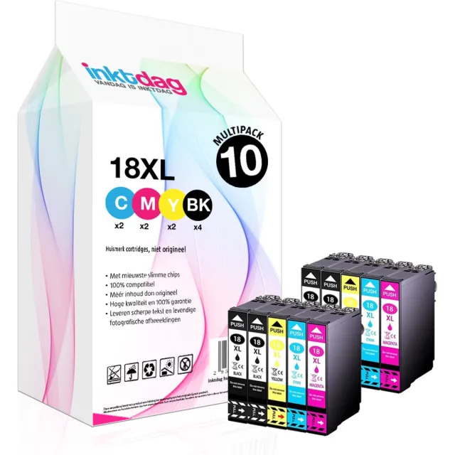 inktdag inktcartridge voor Epson 18XL multipack van 10 kleuren (4*BK, 2*C, M en Y) voor Epson Expression Home XP202, XP205, XP30, XP302, XP305, XP402, XP405, XP412, XP415, XP315, XP312, XP215, XP212, XP225, XP322, XP422, XP425, XP325, XP222 Zwart x 4