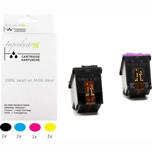 Improducts Inkt cartridge - Alternatief Hp 338 C8765EE / 343 C8766EE XL set Multicolor - Zwart (1x), Cyaan (1x), Magenta (1x), Geel (1x)