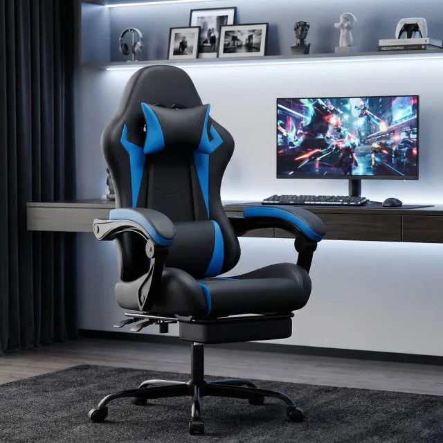 Maisentiel Gamingstoel zwart-blauw met verstelbare rugleuning, hoofdsteun en voetensteun Zwart en blauw