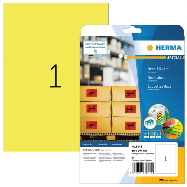 Herma Etiket HERMA 5148 210x297mm A4 fluor geel 20 stuks