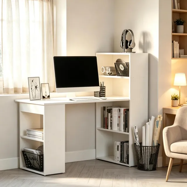 DESMIU Bureau Met Geïntegreerde Boekenplank - Modern Computerbureau Met 3 Opbergvakken En 2 Planken - Spaanplaat - 120x55x120 Cm - Wit