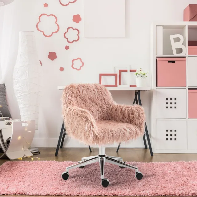 FloraGrace Bureaustoel - Verstelbare Hoogte En Ergonomische Ondersteuning - Voor Slaapkamer, Werkkamer En Kantoor - Nepbont - Roze