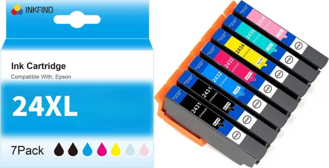 INKFIND 24XL inktcartridge 7 Pack (Zwart*2+Cyaan+Magenta+Geel+Licht Cyaan+Licht Magenta) compatibel met Epson T2431/T2432/T2433/T2434/T2435/T2436 voor Epson Expression XP-55 XP-750 XP-760 XP-850 XP-860 XP-950 XP-960 XP-970-7-pack Zwart x 2, Cyaan, Magenta, Geel, Licht Cyaan, Licht Magenta