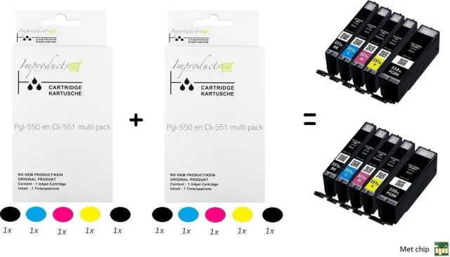 Improducts Inkt cartridges - Alternatief Canon PGI-550 550xl / CLI-551 XL cli-551xl 10 box Multicolor - 10 stuks - Chip 1.0
