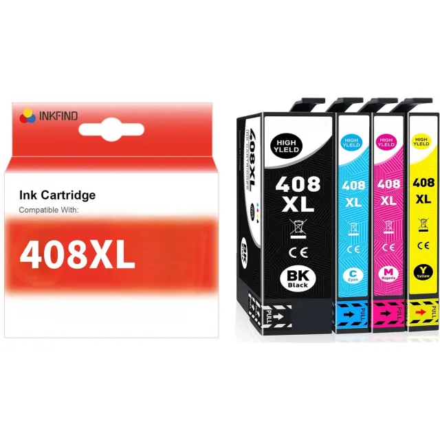 INKFIND 408XL (T09K1/T09K2/T09K3/T09K4) inktcartridge 4 Pack (Zwart+Cyaan+Magenta+Geel) compatibel met Epson 408L (T09K1/T09K2/T09K3/T09K4) voor EPSON Workforce Pro WF-C4310DW Epson WorkForce Pro WF-C4810DTWF -4-pack BK/C/M/Y Zwart x 1, CYAAN x 1, MAGENTA x 1, GEEL x 1