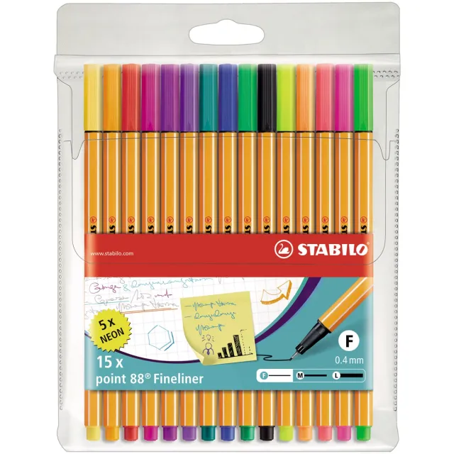 Stabilo point 88 fineliner, etui van 15 stuks in geassorteerde kleuren blauw