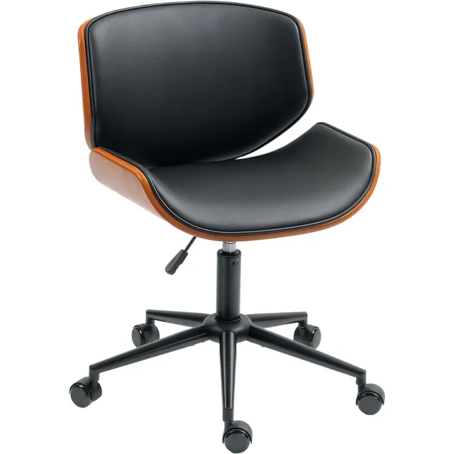 MUVANO Bureaustoel zonder armleuningen - Kunstleer en gebogen hout - Verstelbare zithoogte - 52 x 54 x 74-84 cm - Draaibaar met wielen - Thuiskantoor zwart bruin