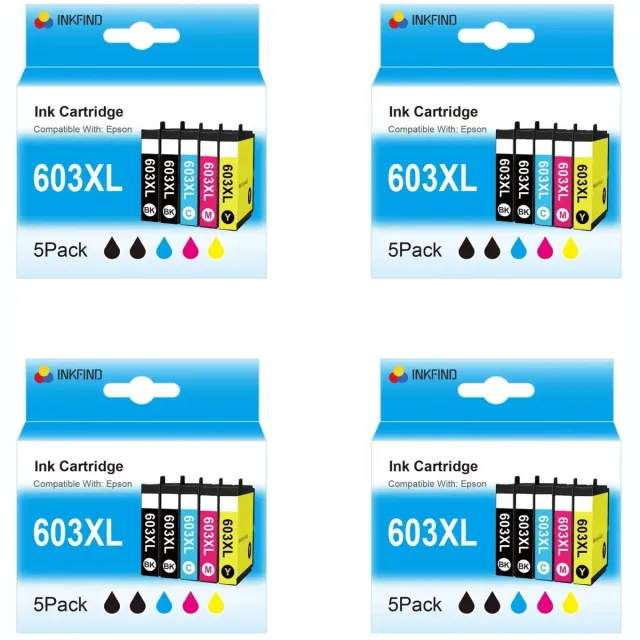 INKFIND 603XL voor Epson 603 Epson603 Epson 603XL Epson603XL inktcartridge multipack van 20 stuks (4 x 5pack= 8 x Zwart, 4 x Cyaan, 4 x Magenta, 4 x Geel) voor Epson Expression Home XP-2105/3100/3105/4100/4105, Workforce WF-2830DWF/2835DWF/2850DWF Zwart x 8, CYAAN x 4, MAGENTA x 4, GEEL x 4