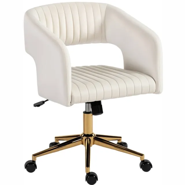 Merax Luxe Bureaustoel in Samtlook – Verstelbare Rollende Schrijftafelstoel met Wipfunctie - Draaibaar - Hoogglans Goud Basis – Creme Wit