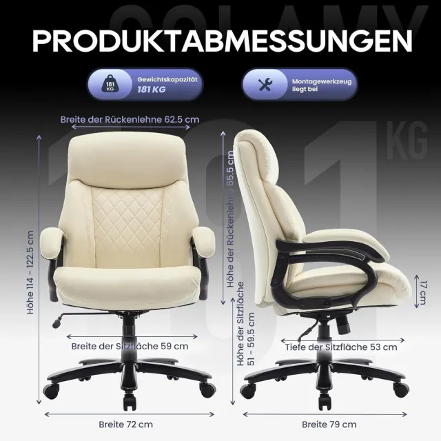 GARDEN HOUSE GARAGE Bureaustoel XXL – House&Garden Premium Directiestoel 181 kg – Ergonomische Hoge Rugleuning met Verstelbare Armleuningen – Extra Brede 59 cm Zitting – PU Leder Chefsessel voor Home Office & Kantoor – Beige