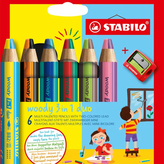 Stabilo Kleurpotloden STABILO 882 woody 3 in 1 duo puntenslijper ass 6st