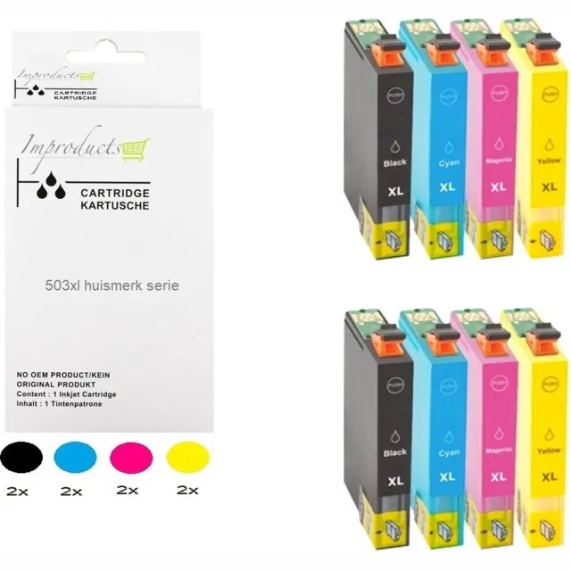 Improducts 2x multipack 503xl / 503 inkt cartridges geschikt voor Epson Expression Home XP5200, XP5205, WorkForce WF2960DWF, WF2965DWF (503XL) 8 cartridges Multicolor - Zwart (2x), Cyaan (2x), Magenta (2x), Geel (2x)