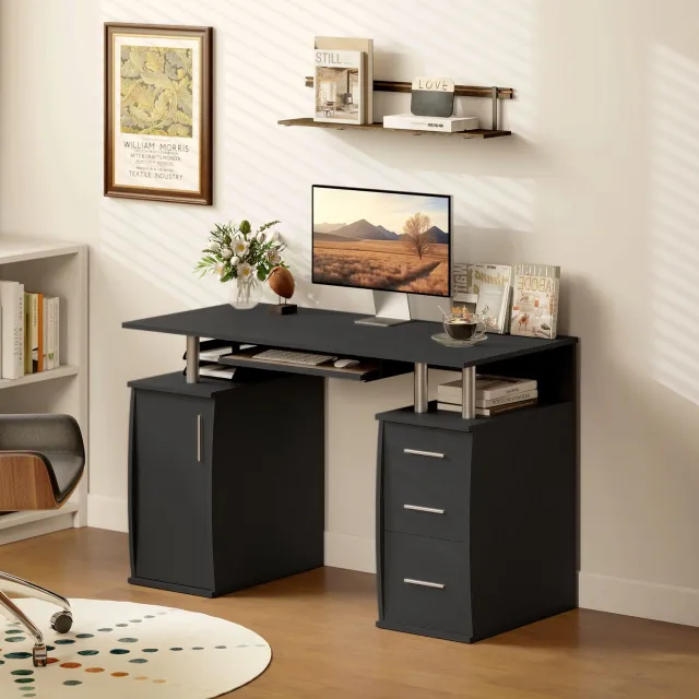 MUVANO Computerbureau met toetsenbordlade en 3 lades - Spaanplaat met houtnerfafwerking - 120 x 55 x 75 cm - Kabeldoorvoer - Voor thuiswerken en studeren - Zwart