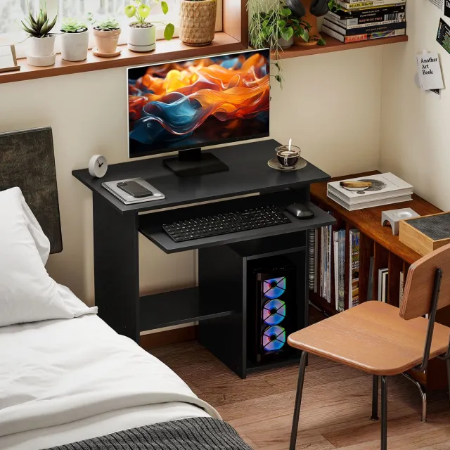 STILVORA Bureau - Compacte Computertafel Met Open Vakken En Uitschuifbaar Toetsenbordblad - Voor Werkplek En Studie - Spaanplaat - Zwart - 80x45x75 Cm