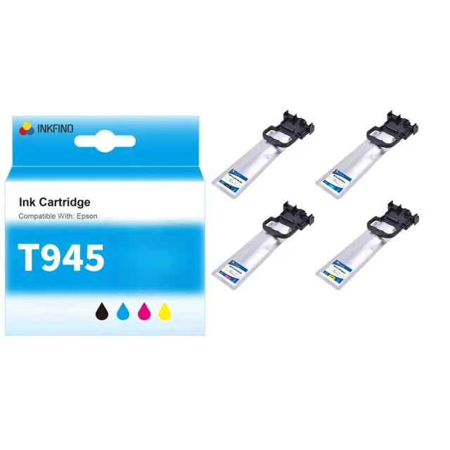 INKFIND T945 Inktcartridge compatibel met Epson T9451 T9452 T9453 T9454 C13T945140 C13T945240 C13T945340 C13T945440 Hoge Capaciteit 4-pack Zwart*1 en Kleur*3 geschikt voor Epson WorkForce Pro WF-C5210DW - WF-C5290DW - WF-C5710DWF - WF-C5790DWF Zwart, Cyan, Magenta, Geel