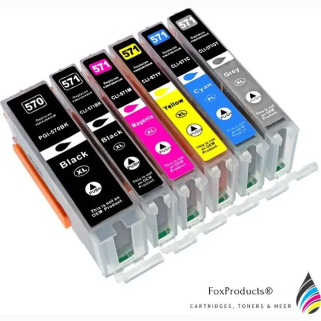 FoxProducts 6x PGI-570 / CLI-571 570 571 XL inktcartridges - Multipack + Grijs - Geschikt voor Canon Pixma MG7750, MG7751, M7752, MG7753, TS8050, TS9050, TS9055 Cyaan, Magenta, Yellow, Black, PhotoBlack, Grey.