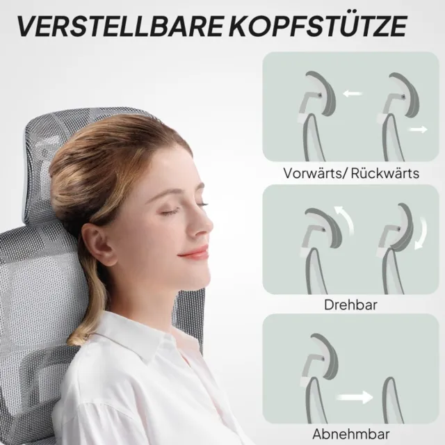 FloraGrace Ergonomische Bureaustoel Met Netstof - Verstelbare Hoofdsteun, Armleuningen En Voetsteun - Thuis En Kantoor - Polyester - Grijs