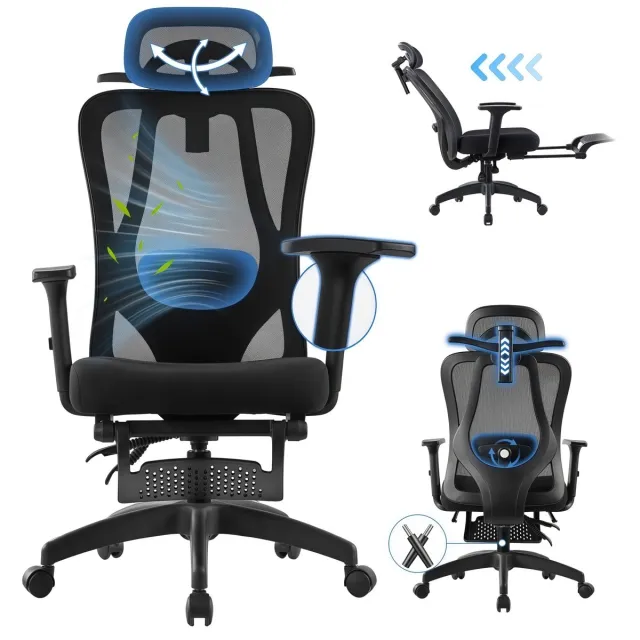 FOXSPORT Bureaustoel - Verstelbare hoofdsteun, armsteun, lendenkussen - met voetsteun - Computerstoel - Voor Gamen/Kantoor/Thuiswerken - met kledingrek - Office Chair - Ergonomische Gamestoel - Zwart
