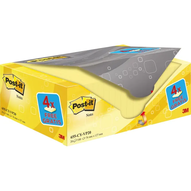 Post-It Notes , 100 vel, ft 76 x 127 mm, geel, pak van 16 blokken + 4 gratis