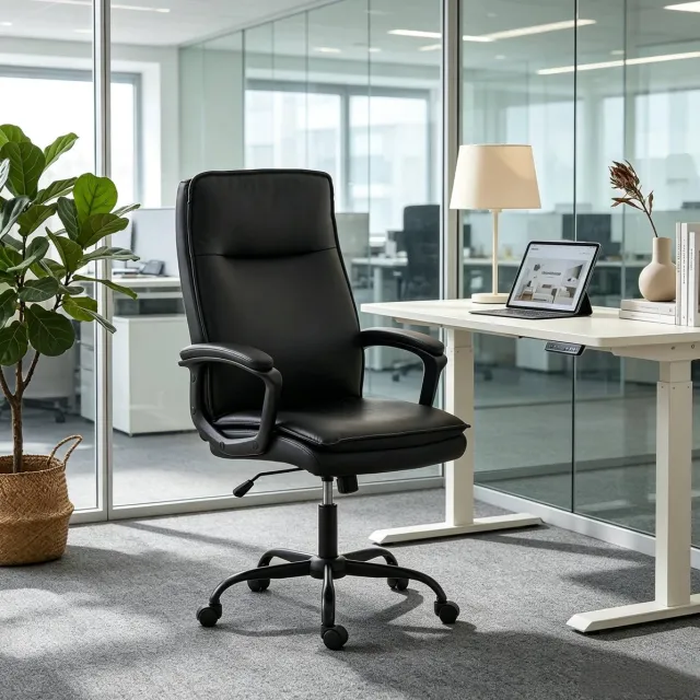 DESMIU Bureaustoel 66 X 70 X 109 119 Cm - Met Vaste Armleuningen En 15 Graden Kanteling - Voor Kantoor En Werkplek - Kunstleer - Zwart