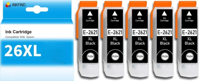 INKFIND 26XL T2621 inktcartridge 5 Pack (Zwart*5) compatibel met Epson T2621 26XL voor Epson Expression Premium XP 820 810 800 720 710 700 625 620 615 610 605 600 520 510 -5-pack Zwart x 5