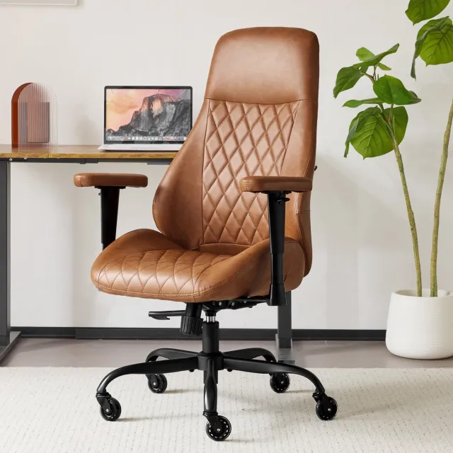 COVREO Bureaustoel 56x32x77 cm bruin - leer - hoge rugleuning en verstelbare armleuningen