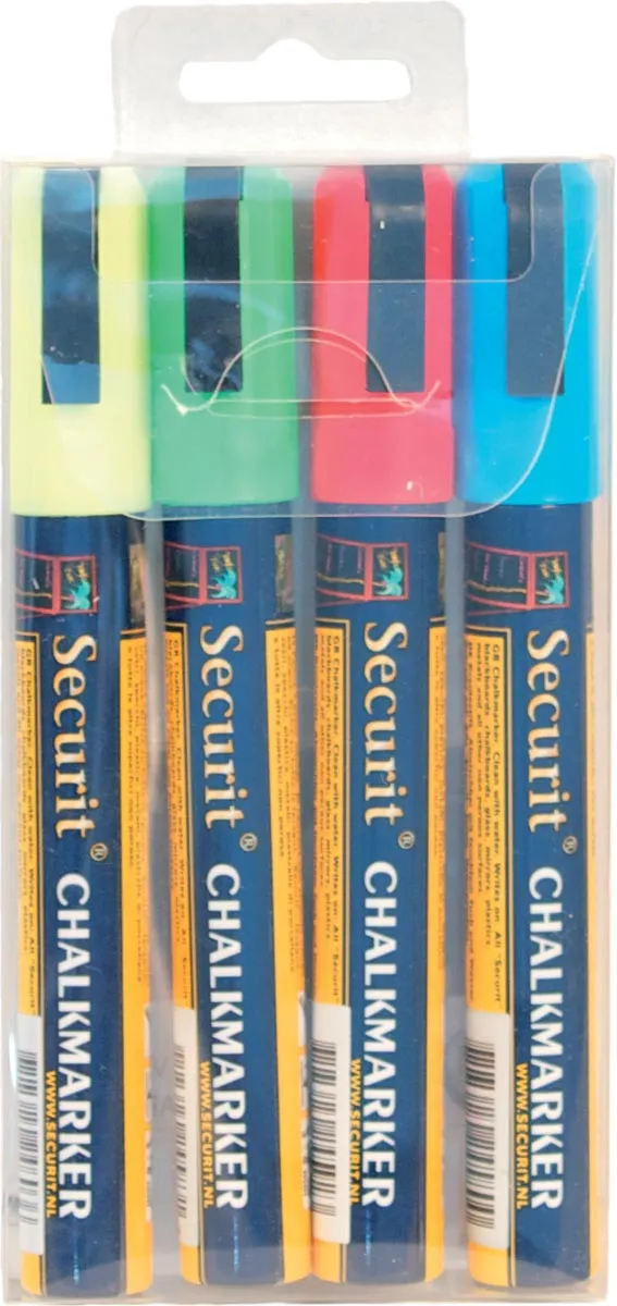 Securit krijtmarker medium, blister met 4 stuks in geassorteerde kleuren blauw