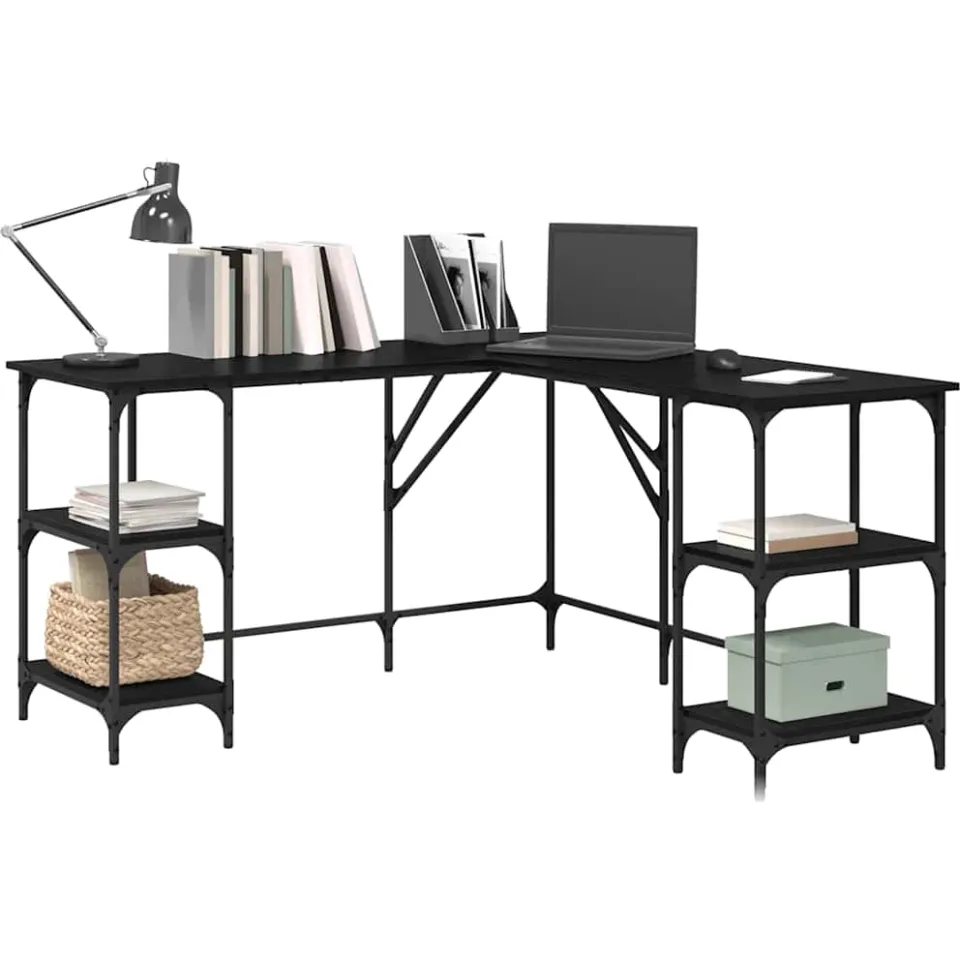vidaXL Bureau Zwart Eiken 139 x 139 x 75 cm Bewerkt hout, foto 3