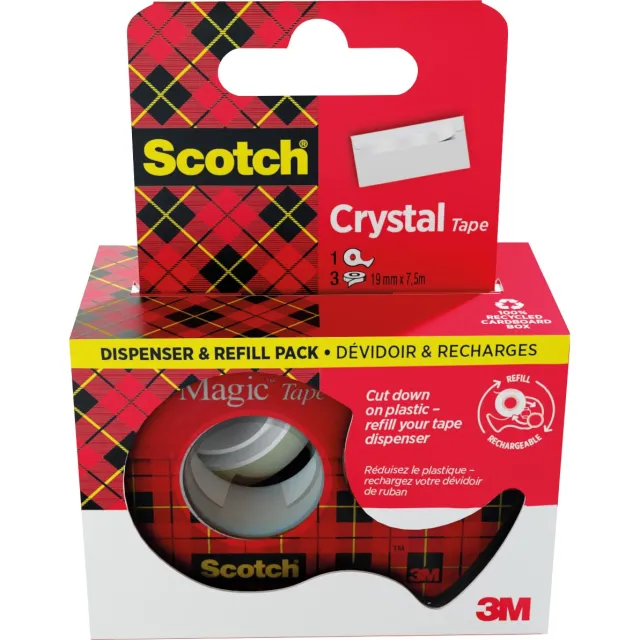 Scotch Crystal Tape plakband ft 19 mm x 7,5 m, dispenser + 3 rolletjes, ophangbaar doosje geel