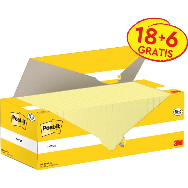 Post-it Notes, 100 vel, ft 76 x 76 mm, kanariegeel (canary yellow), 18 blokken + 6 GRATIS