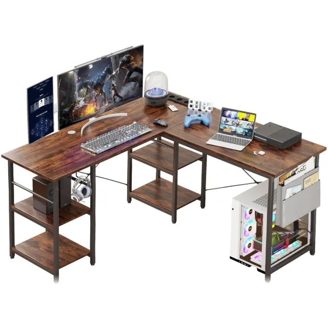 Gudalio Bureau - Hoekbureau - Computertafel - L-vormig - Gaming - Stopcontacten - Verstelbaar - Bergruimte - Groot - Bruin