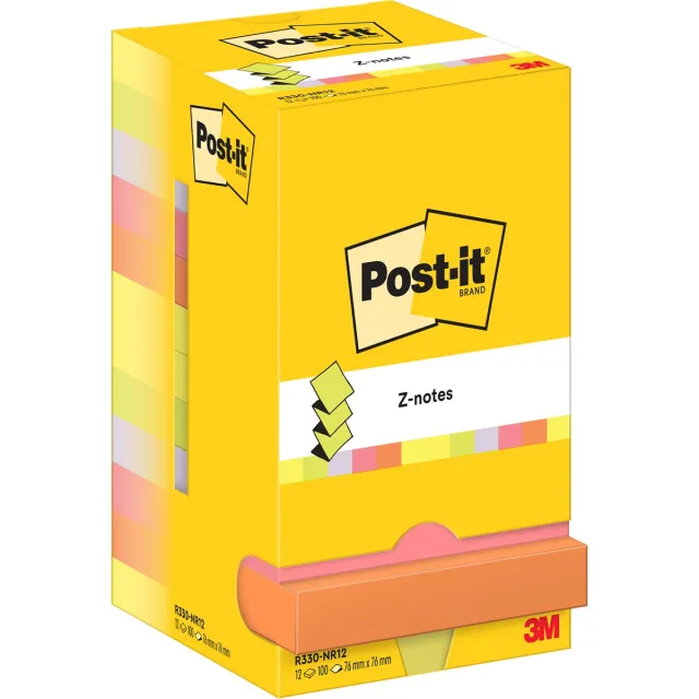 Post-it z-notes , 100 vel, ft 76 x 76 mm, pak van 12 blokken, assorti neonkleuren geel