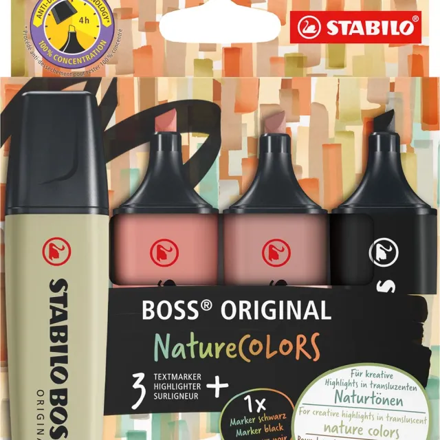 Stabilo BOSS ORIGINAL NatureCOLORS markeerstift, etui van 4 stuks, assorti